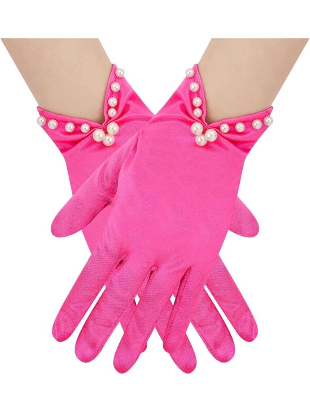 Women's Hot Pink Short Satin Gloves with Pearl Tea Party Opera Banquet Gloves